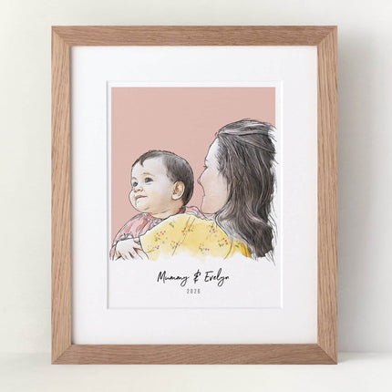 Mummy and Me Colour Block People Line Portrait - Custom Portrait Art