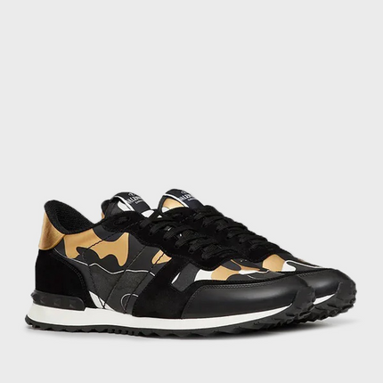 Men's Valentino Camo Rock Runners Black Gold Sneakers