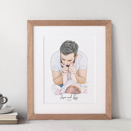 First Father's Day Watercolour Portrait - Custom Portrait Art
