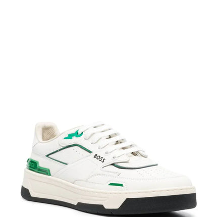 Men's BOSS Logo-Print Panelled Leather Green Sneakers