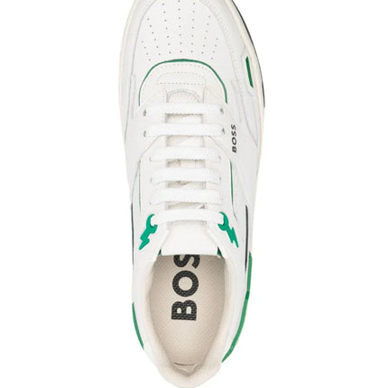 Men's BOSS Logo-Print Panelled Leather Green Sneakers