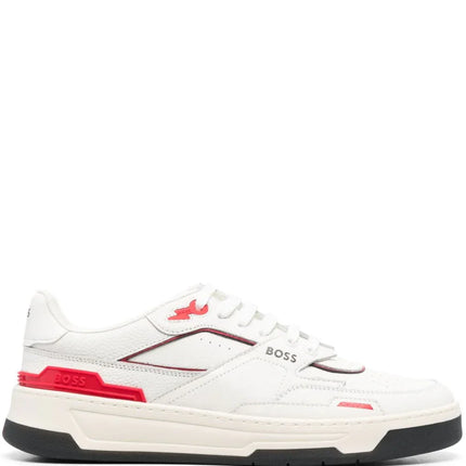 Men's BOSS Logo-Print Panelled Leather Red Sneakers