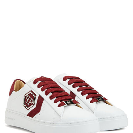 Philipp Plein Lo-Top Arrow Force Men's Leather Sneaker In White-Burgundy