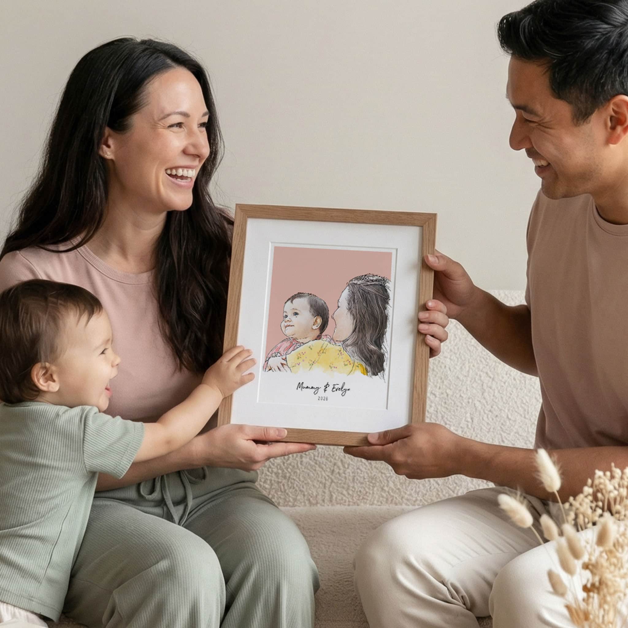 Mummy and Me Colour Block People Line Portrait - Custom Portrait Art