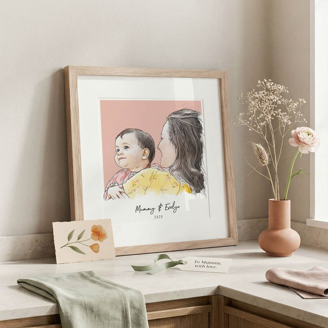 Mummy and Me Colour Block People Line Portrait - Custom Portrait Art