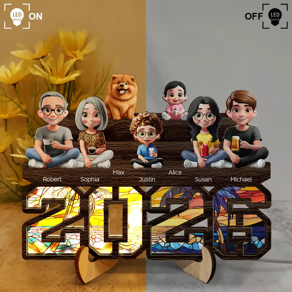3D Effect Family And Dog Cat - Personalized LED Light Wooden Plaque