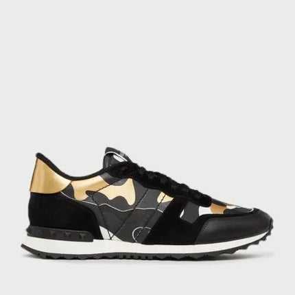 Men's Valentino Camo Rock Runners Black Gold Sneakers
