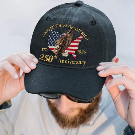 America 250 Faux Embroidery Patriotic Eagle - Vintage Washed Denim Cap