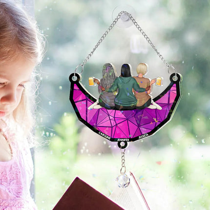 Besties Friends Sitting On The Moon - Personalized Rainbow Suncatcher With Crystal Ball Prism