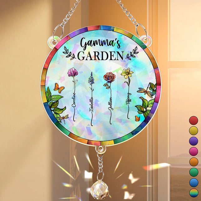 Birth Flower Grandma's Garden - Personalized Rainbow Suncatcher With Crystal Ball Prism