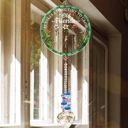 Birth Flower Grow An Old Friend To My Bestie - Personalized Heart Crystal Suncatcher