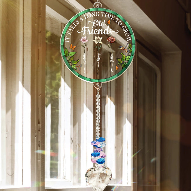 Birth Flower Grow An Old Friend To My Bestie - Personalized Heart Crystal Suncatcher