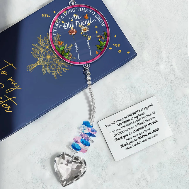 Birth Flower Grow An Old Friend To My Bestie - Personalized Heart Crystal Suncatcher
