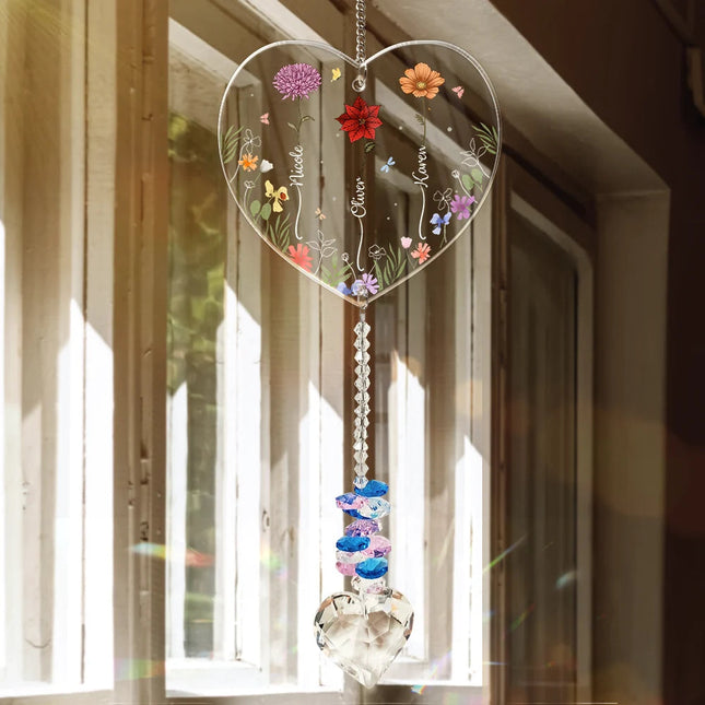 Birth Flower Sisters Besties From The Same Garden - Personalized Heart Crystal Suncatcher