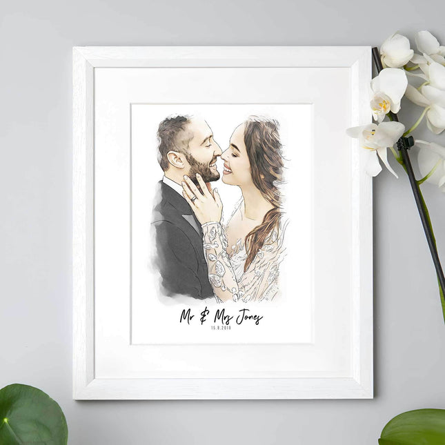 Bride and Groom Couple Wedding Illustration - Custom Portrait Art