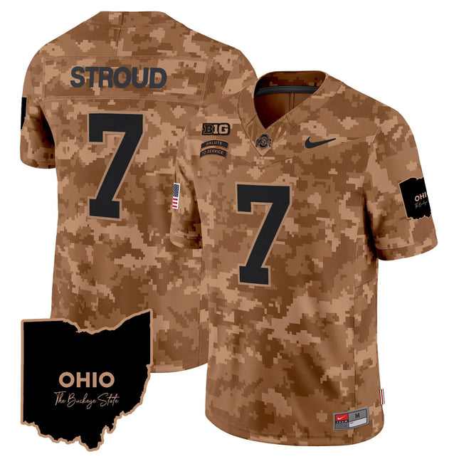 C J Stroud Ohio State Buckeyes 2026 Salute to Service Vapor Limited Jersey – Brown Camo