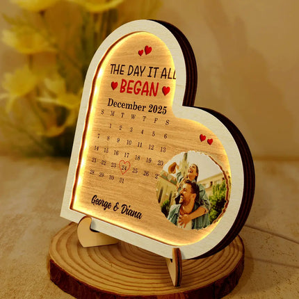 Custom Photo Calendar The Day It All Began - Personalized LED Light Wooden Plaque