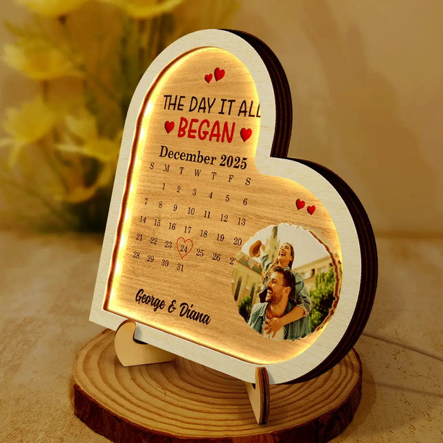Custom Photo Calendar The Day It All Began - Personalized LED Light Wooden Plaque