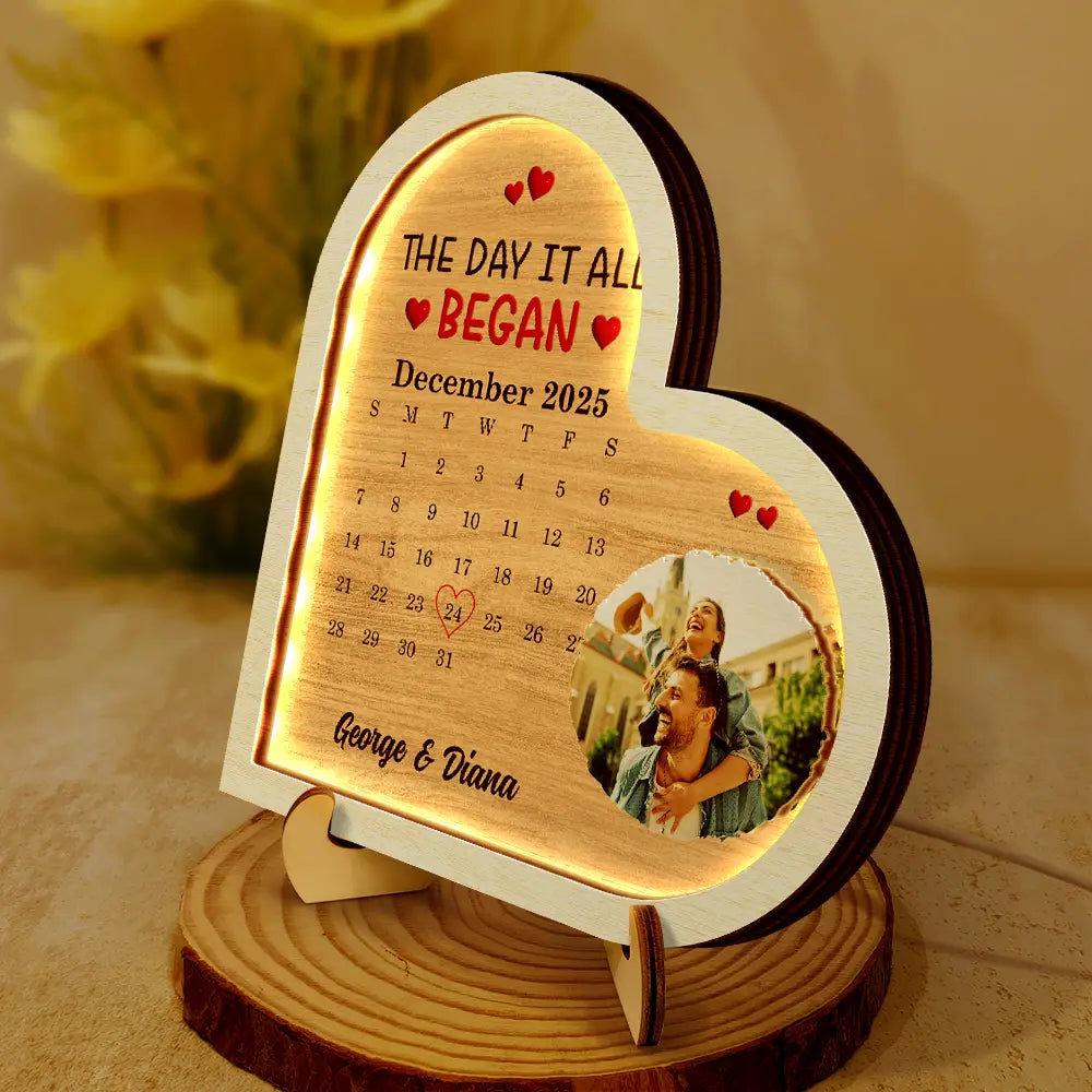 Custom Photo Calendar The Day It All Began - Personalized LED Light Wooden Plaque