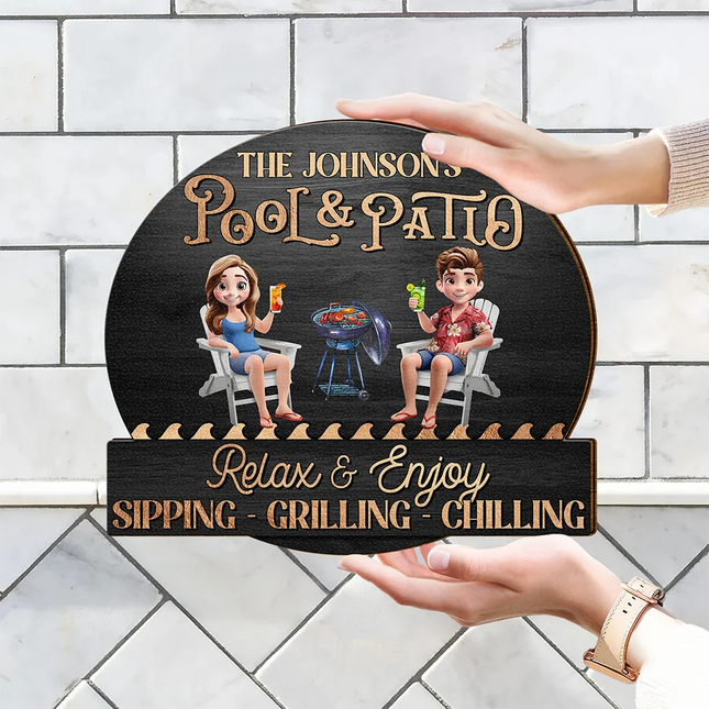 Couple Poolside Paradise Relax Enjoy 3D Effect - Personalized Custom Shaped Wood Sign