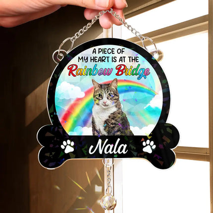 Custom Photo A Piece Of My Heart Is At The Rainbow Bridge - Personalized Rainbow Suncatcher With Crystal Ball Prism