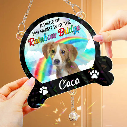 Custom Photo A Piece Of My Heart Is At The Rainbow Bridge - Personalized Rainbow Suncatcher With Crystal Ball Prism