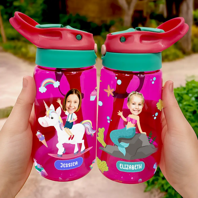 Custom Photo Cute & Funny Car Mermaid Unicorn Dinosaur Astronaut - Personalized Kids Water Bottle With Straw