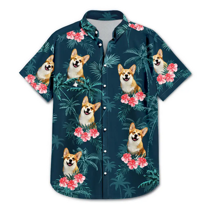 Custom Photo Family Pet Face Palm Tree Pattern - Personalized Hawaiian Shirt