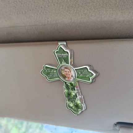 Custom Photo God Has You In His Arms Cross Memorial Gifts - Personalized Custom Shaped Acrylic Car Visor Clip
