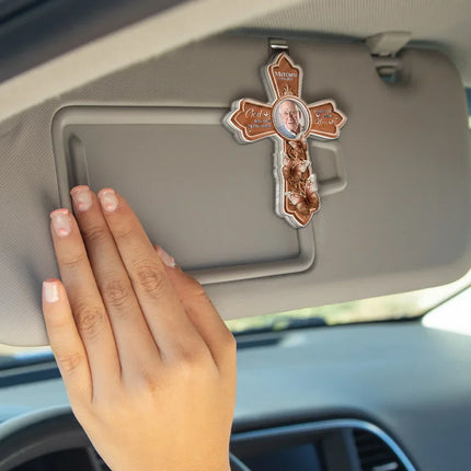 Custom Photo God Has You In His Arms Cross Memorial Gifts - Personalized Custom Shaped Acrylic Car Visor Clip