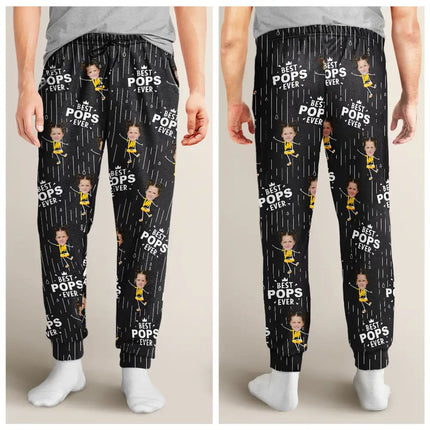 Custom Photo Happy Grandkids Best Papa Grandpa Ever Rain Pattern - Personalized Pajama Pants