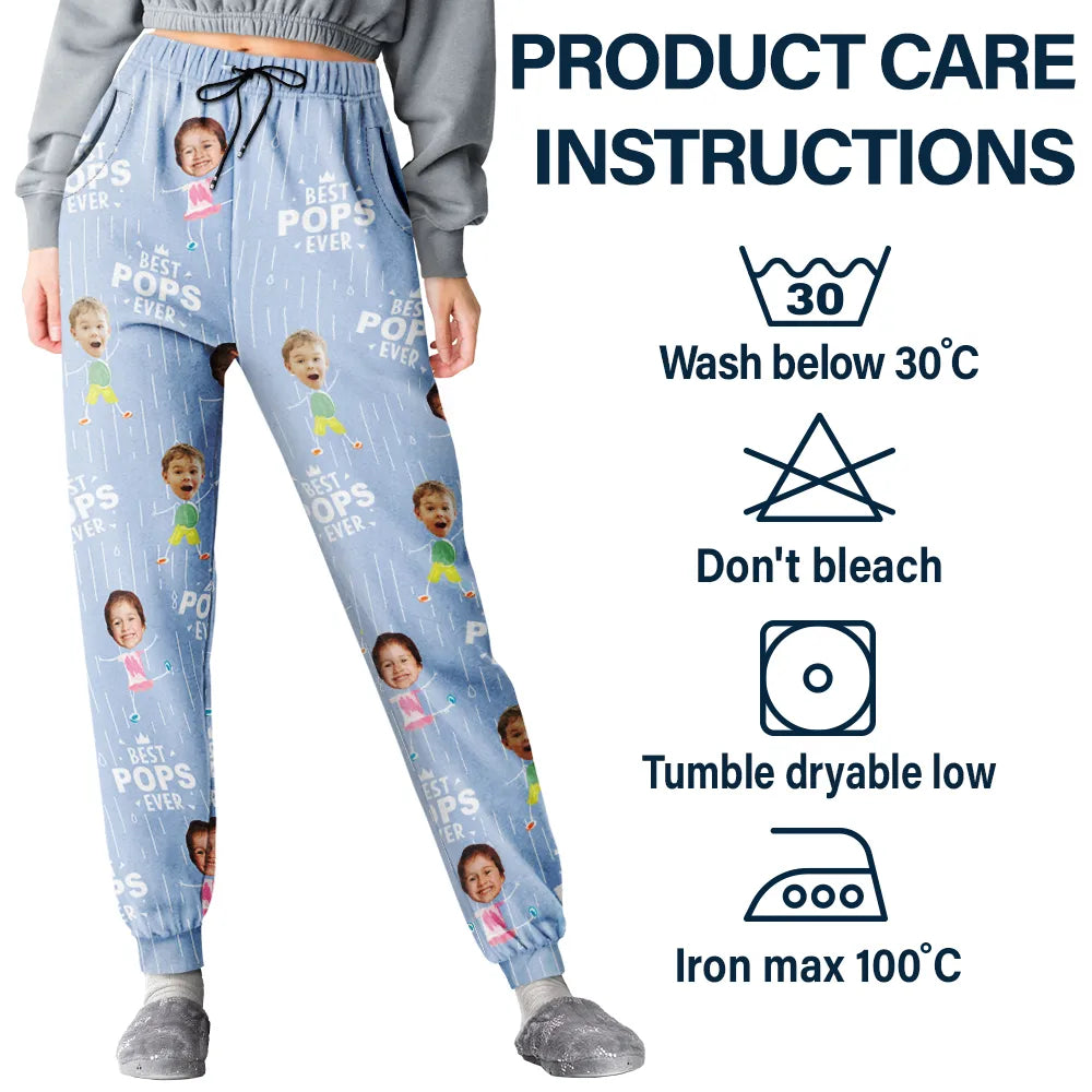 Custom Photo Happy Grandkids Best Papa Grandpa Ever Rain Pattern - Personalized Pajama Pants
