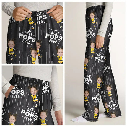 Custom Photo Happy Grandkids Best Papa Grandpa Ever Rain Pattern - Personalized Pajama Pants