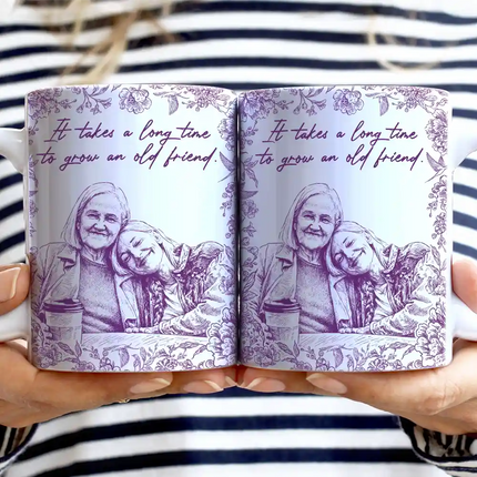 Custom Photo Pencil Sketch A True Friendship Is A Journey Without An End - Personalized White Edge-to-Edge Mug