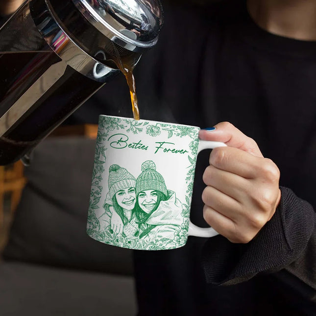 Custom Photo Pencil Sketch A True Friendship Is A Journey Without An End - Personalized White Edge-to-Edge Mug