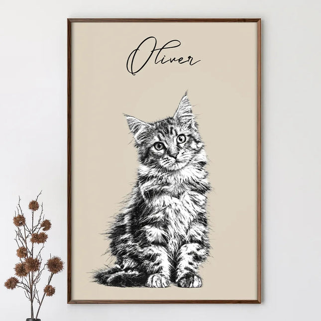 Custom Photo Pencil Sketch Family Dog Cat Portrait - Personalized Poster