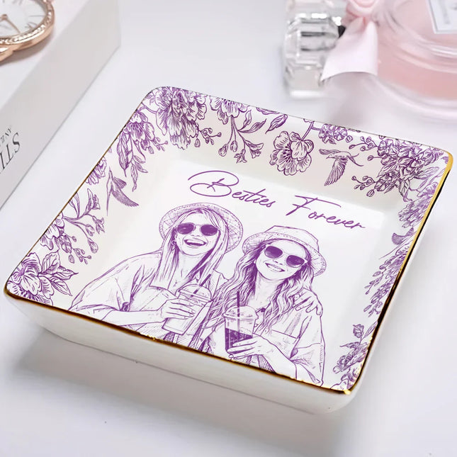 Custom Photo Pencil Sketch Loving Couple Family Pet - Personalized Ring Dish