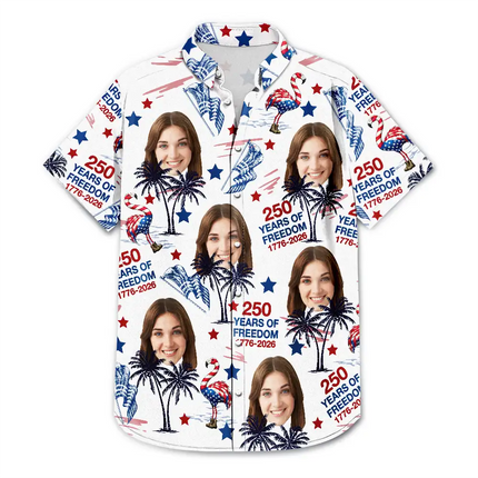 Custom Photo Stars & Stripes Family Pets Kids Tropical Flamingo - Personalized Hawaiian Shirt