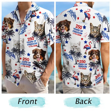 Custom Photo Stars & Stripes Family Pets Kids Tropical Flamingo - Personalized Hawaiian Shirt