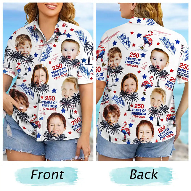 Custom Photo Stars & Stripes Family Pets Kids Tropical Flamingo - Personalized Hawaiian Shirt