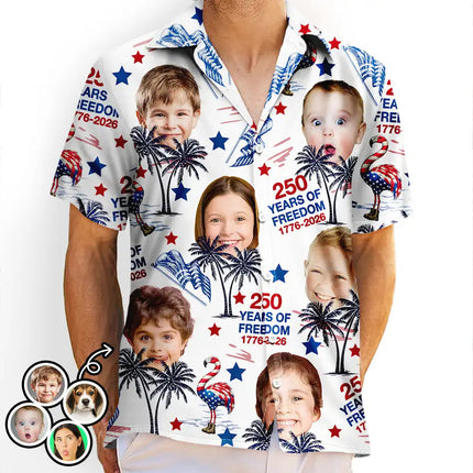 Custom Photo Stars & Stripes Family Pets Kids Tropical Flamingo - Personalized Hawaiian Shirt