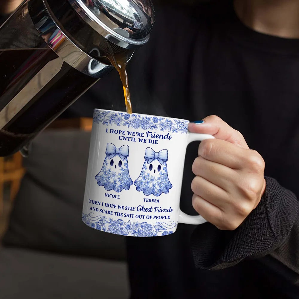 Cute Ghost Bestie Friends Until We Die Toile De Jouy Pattern - Personalized White Edge-to-Edge Mug