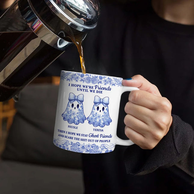 Cute Ghost Bestie Friends Until We Die Toile De Jouy Pattern - Personalized White Edge-to-Edge Mug