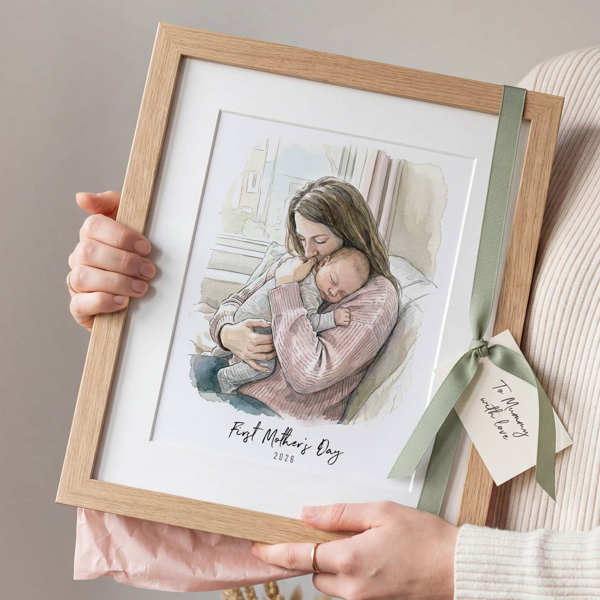 First Mother's Day Watercolour Illustration - Custom Portrait Art