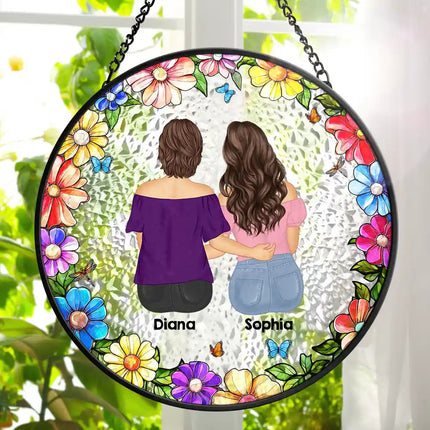 Floral Frame Grandma Mother And Children - Personalized Stained Glass Window Hanging Suncatcher