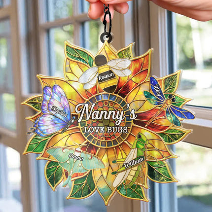 Grandma's Love Bugs Stained Glass Effect - Personalized Window Hanging Suncatcher Ornament