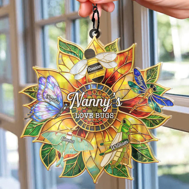 Grandma's Love Bugs Stained Glass Effect - Personalized Window Hanging Suncatcher Ornament