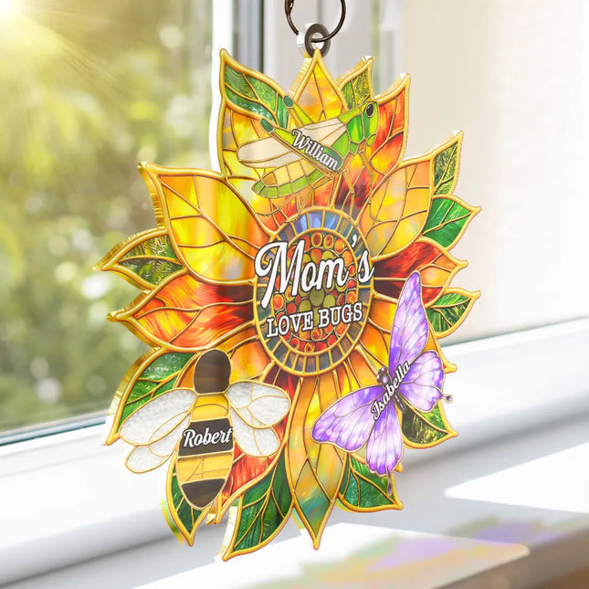 Grandma's Love Bugs Stained Glass Effect - Personalized Window Hanging Suncatcher Ornament