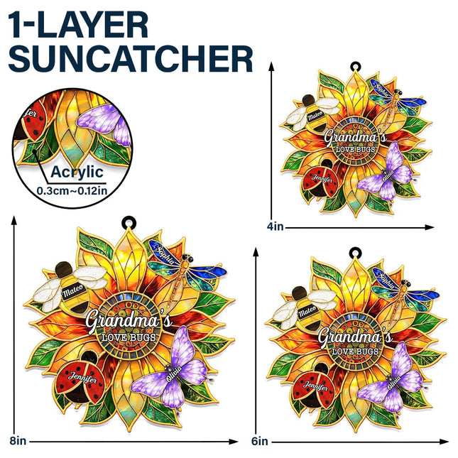 Grandma's Love Bugs Stained Glass Effect - Personalized Window Hanging Suncatcher Ornament