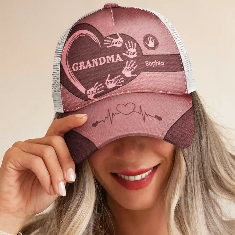Grandpa Dad Grandma Mom Kids Handprints - Personalized Mesh-back Casual Cap